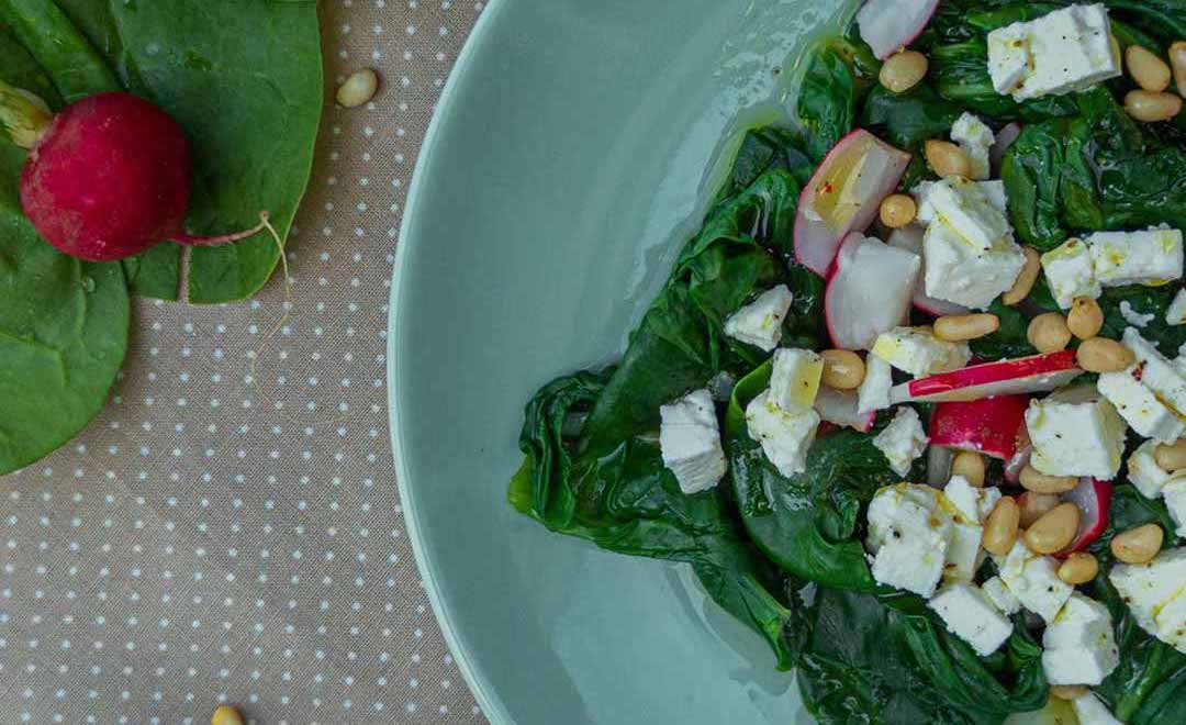 Blick aus der Vogelperspektive auf einen Teller mit Spinat-Radieschen-Salat