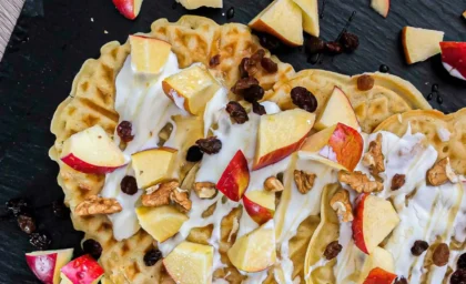 Nahaufnahme von fluffigen Waffeln mit Joghurt, Apfel, Walnüssen, Rosinen und Honig getoppt