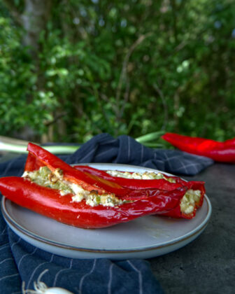 fertig gebackene, vegetarische Spitzpaprika auf einem Teller in Garten