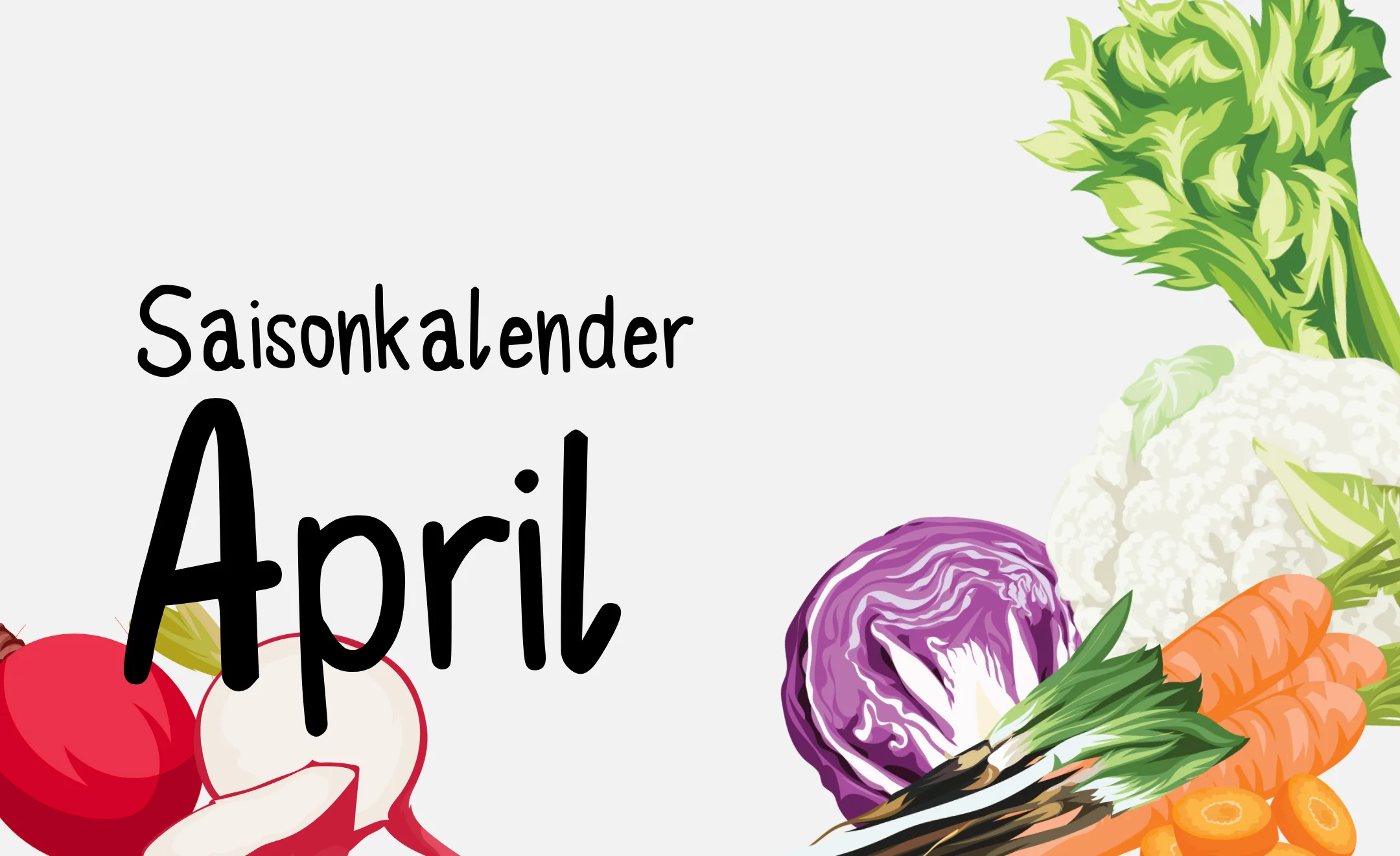 Text: „Saisonkalender April“ Hintergrund: Grafiken von saisonalen Obst und Gemüse