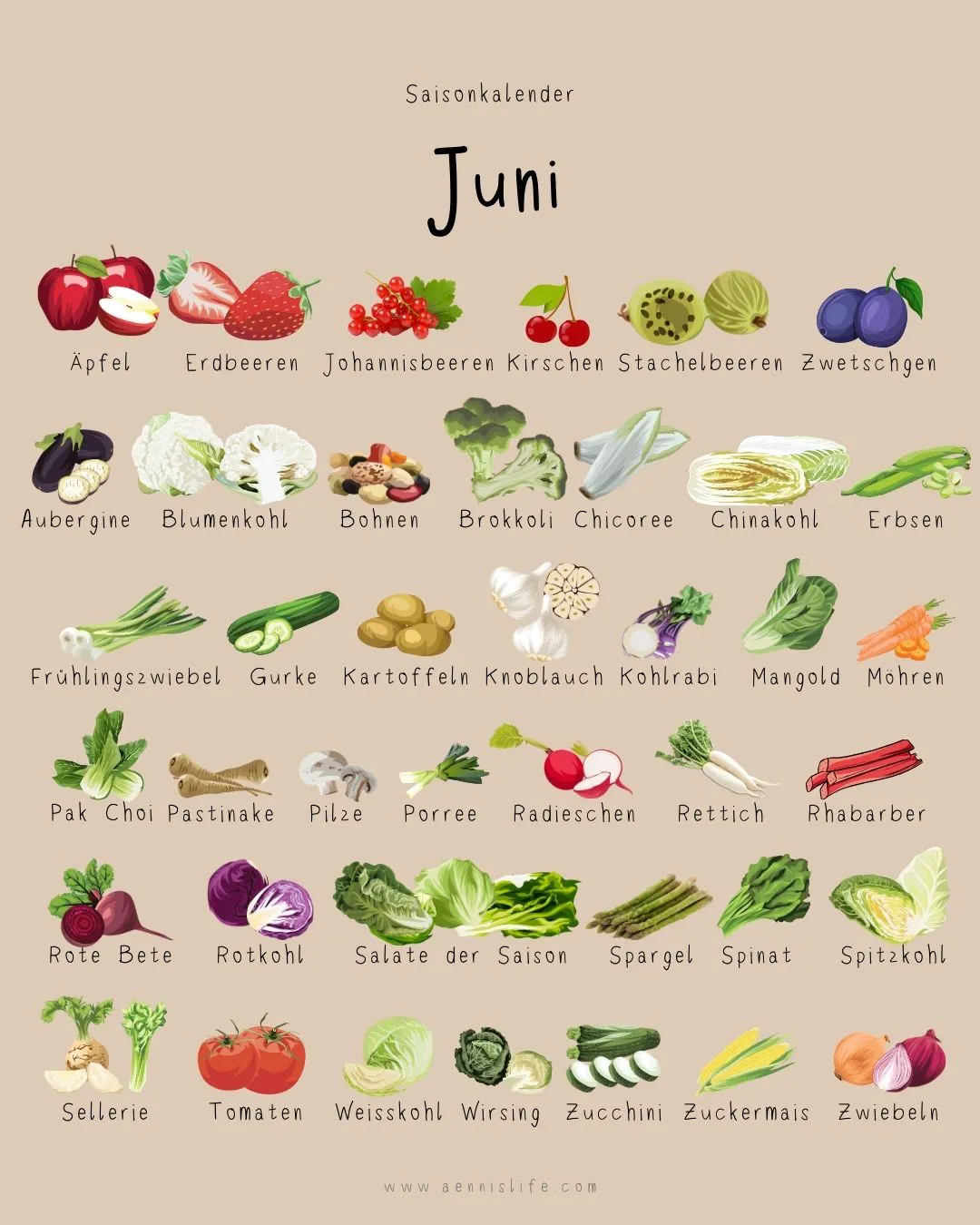 Saisonkalender Juni, bei dem die Obst und Gemüse mit Bild und Text abgebildet sind.